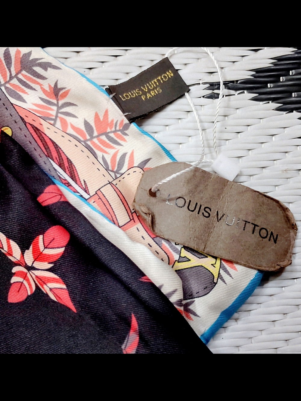 Louis Vuitton Black Scarf with Red Floral and Blue Trim - Picture 3 of 4